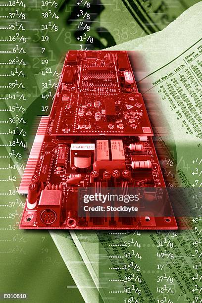 stockillustraties, clipart, cartoons en iconen met red motherboard with stock quotes behind - share prices of consumer companies pushes dow jones industrials average sharply higher