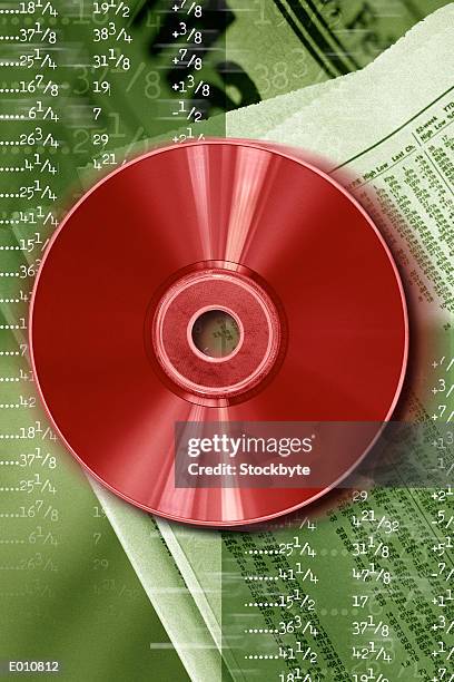 stockillustraties, clipart, cartoons en iconen met red cd-rom with stock quotes behind - share prices of consumer companies pushes dow jones industrials average sharply higher
