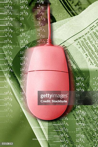 stockillustraties, clipart, cartoons en iconen met red mouse with stock quotes behind - share prices of consumer companies pushes dow jones industrials average sharply higher