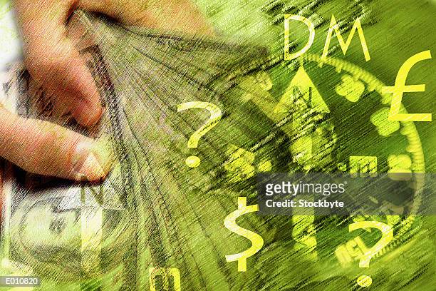 hands fanning bills superimposed with international money symbols - question mark stock-grafiken, -clipart, -cartoons und -symbole