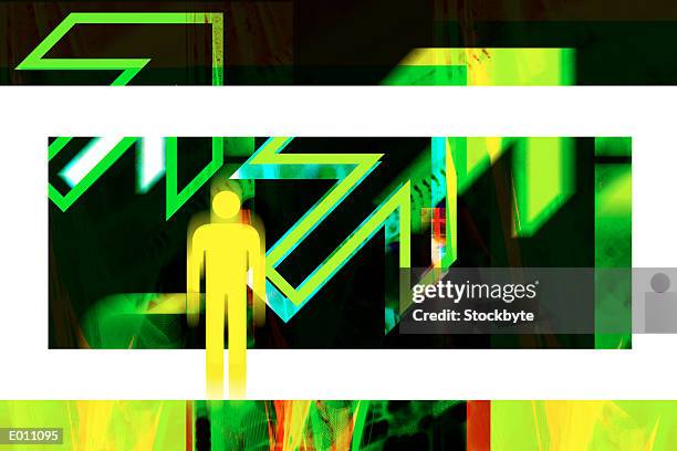 abstract with man symbol in box superimposed over green arrows - male symbol stock illustrations