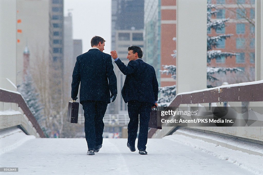 Businessmen on snowy walkway