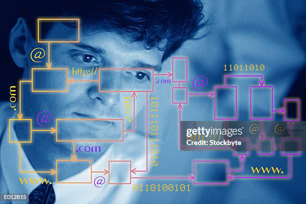 man with network superimposed over his face - com stock-fotos und bilder