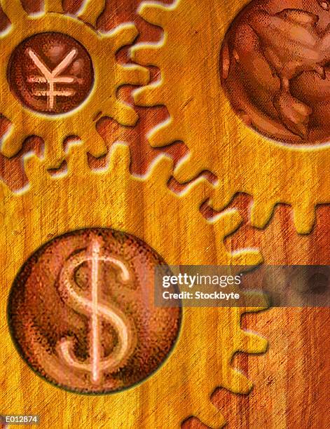 gears with international money symbols - y 3 stock-grafiken, -clipart, -cartoons und -symbole