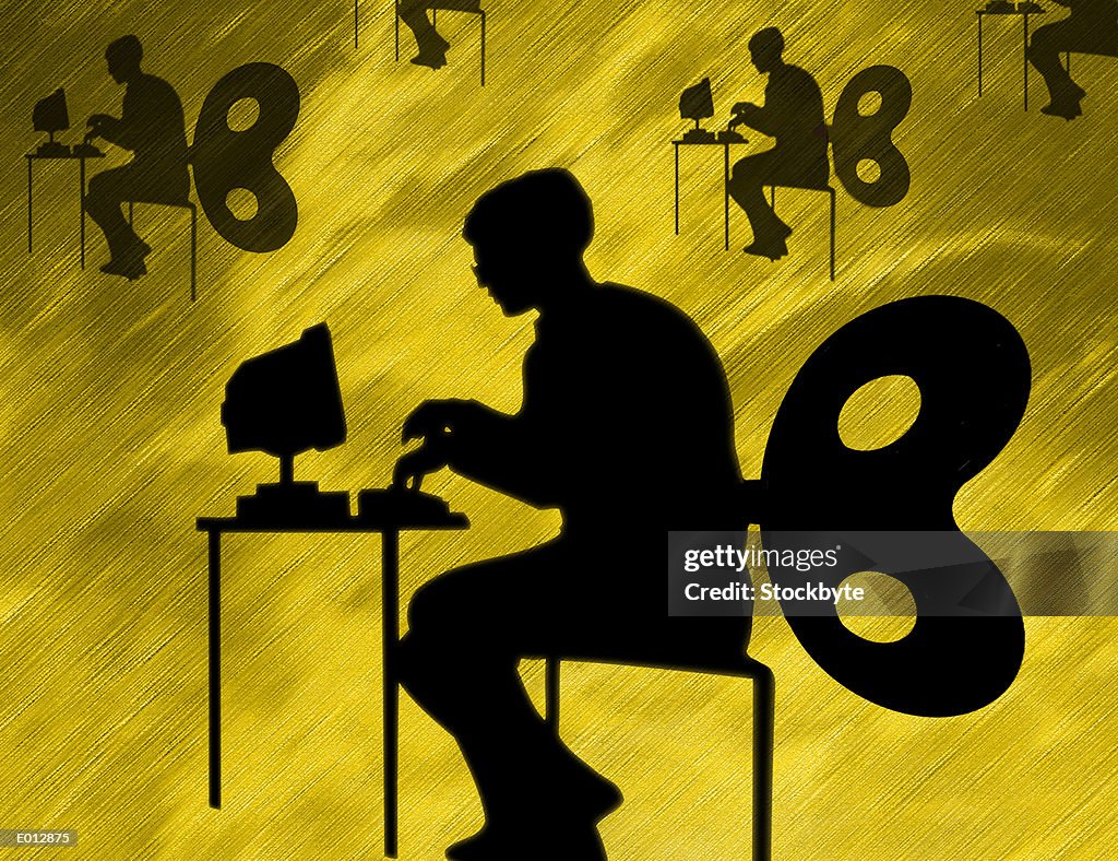 Silhouette of windup person at computer