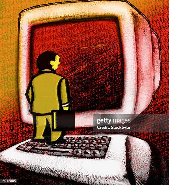 businessman standing on computer keyboard - penetrating stock illustrations