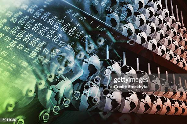 stockillustraties, clipart, cartoons en iconen met globes hanging from abacus with stock report - share prices of consumer companies pushes dow jones industrials average sharply higher