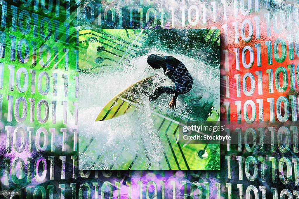 Man surfing over circuit board and binary codes