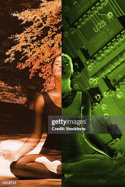 woman in balance with nature and technology - flexible printed circuit board stock pictures, royalty-free photos & images