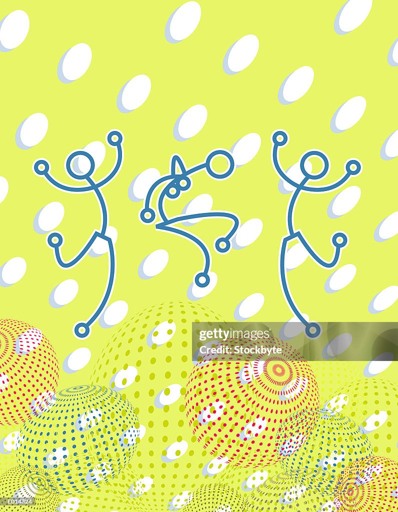 Stick figures dancing among dots