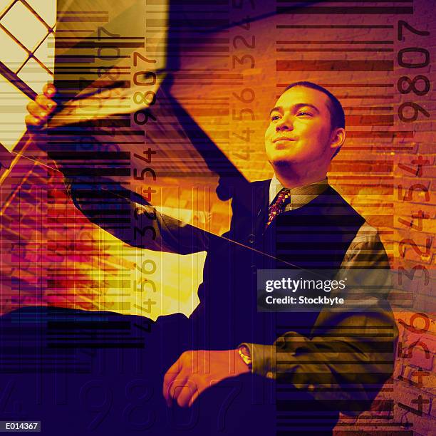 man at laptop computer superimposed with barcode - dedication brick stock pictures, royalty-free photos & images