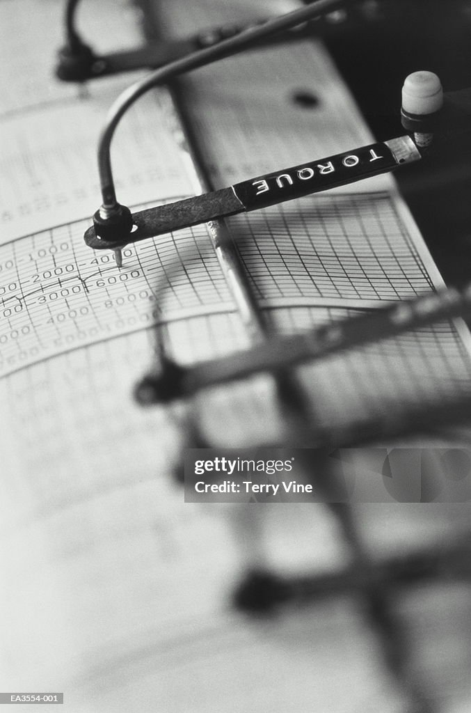 Drill bit monitoring meter on oil rig, close-up (B&W)