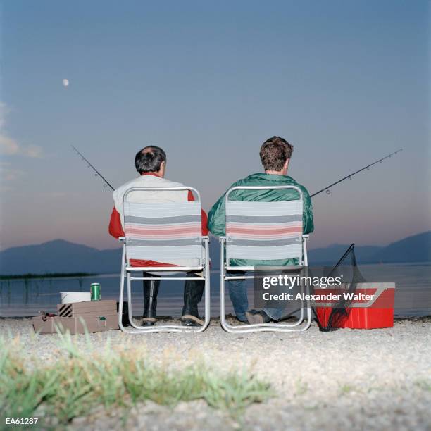 two men fishing in lake, rear view - young men fishing stock pictures, royalty-free photos & images