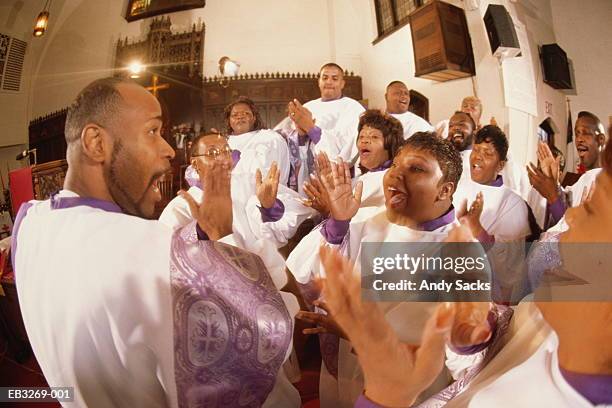 gospel choir singing in church (wide angle) - gospel choir stock pictures, royalty-free photos & images