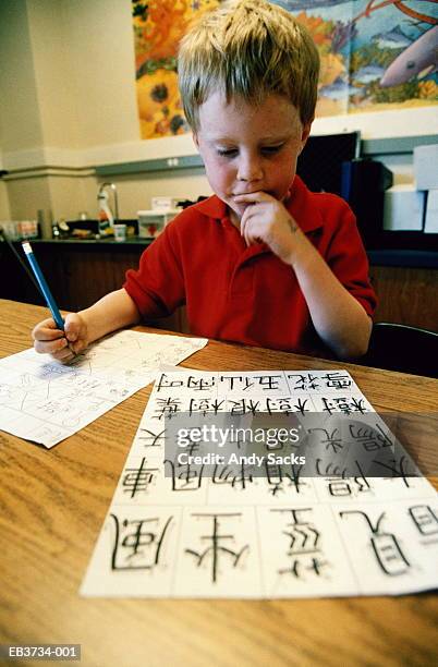 boy (4-6) learning to write chinese characters in school - classroom wide angle stock pictures, royalty-free photos & images