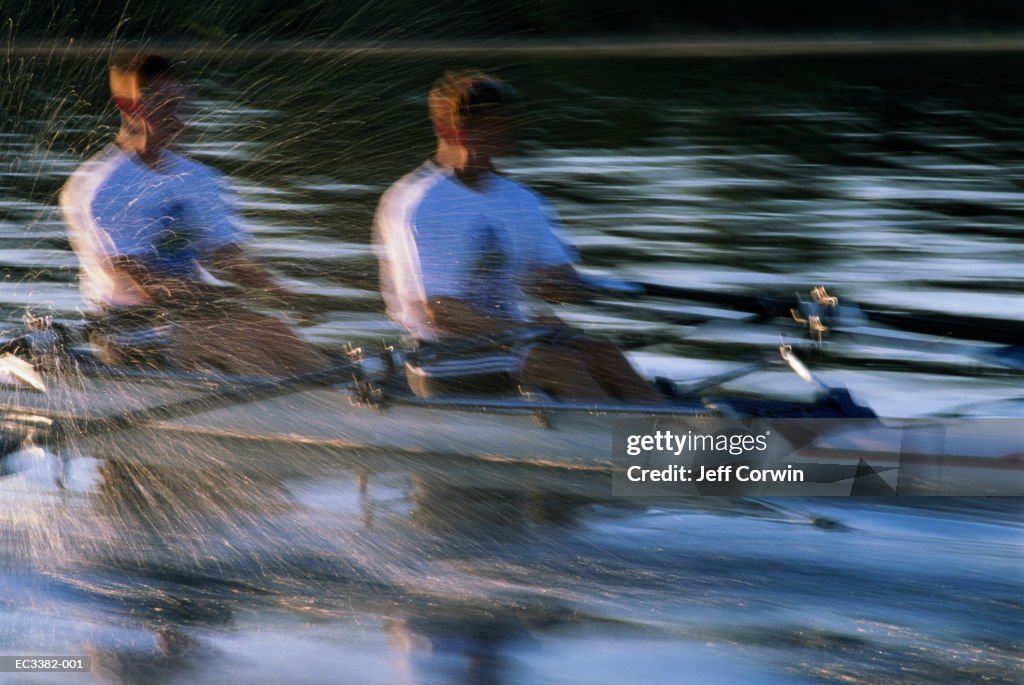 Rowing, two-man sculling crew in action (blurred motion)