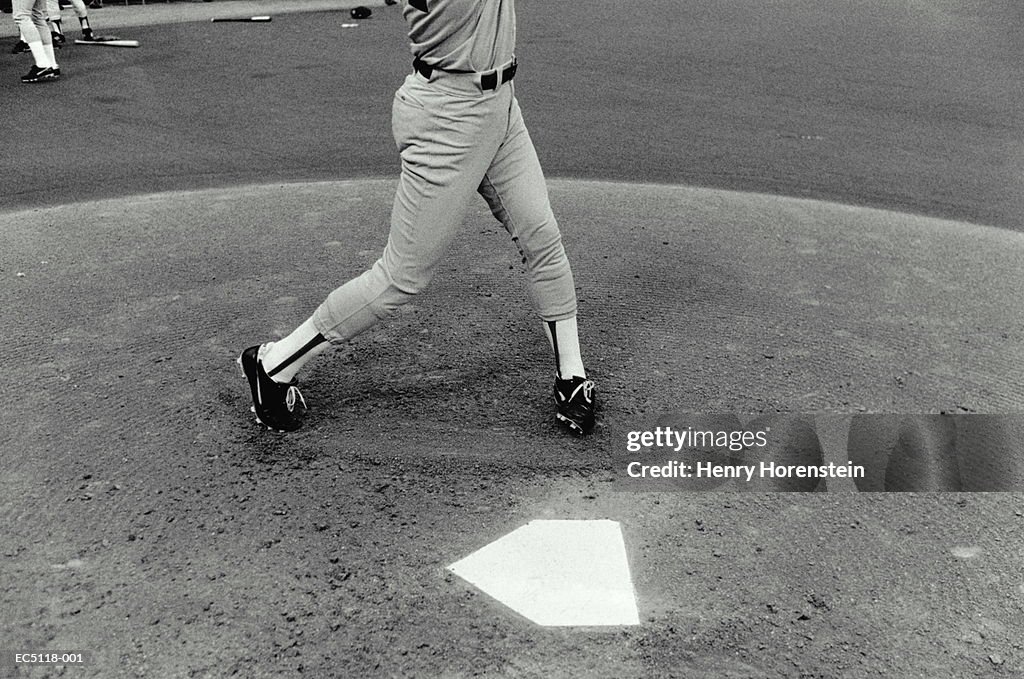 Baseball player by home plate, mid section (B&W)