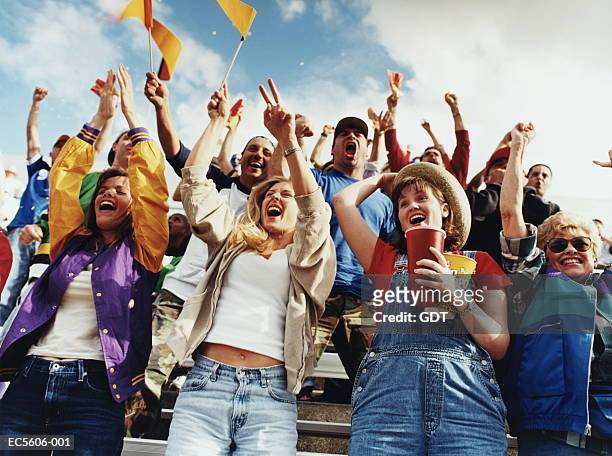 stadium fans cheering, some holding banners, low angle view - avvenimento sportivo foto e immagini stock