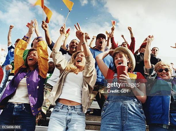 stadium fans cheering, some holding banners, low angle view - cheering crowd stockfoto's en -beelden