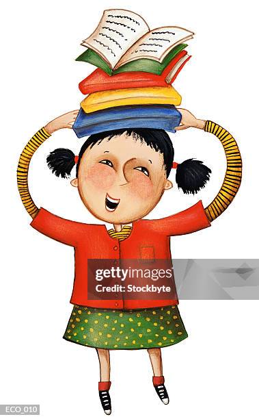 girl balancing schoolbooks on head - good posture stock illustrations