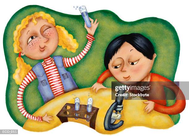 girl holding test tube; boy looking through microscope - science project stock illustrations