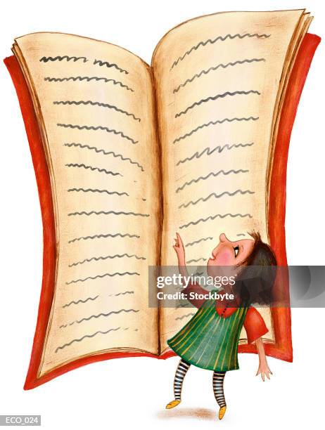 girl reading giant book, pointing to it - schulkind nur mädchen stock-grafiken, -clipart, -cartoons und -symbole