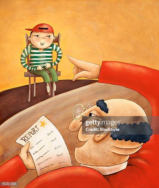 ilustrações, clipart, desenhos animados e ícones de man looking at report card and smiling at boy sitting in chair - report card