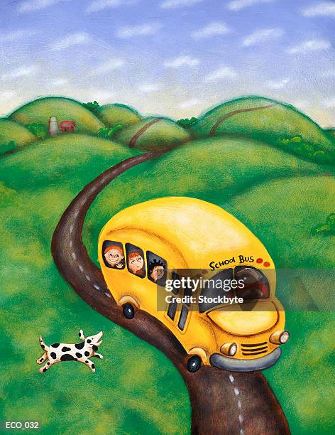 School Bus With Children And Driver Dog Barking At Bus High-Res
