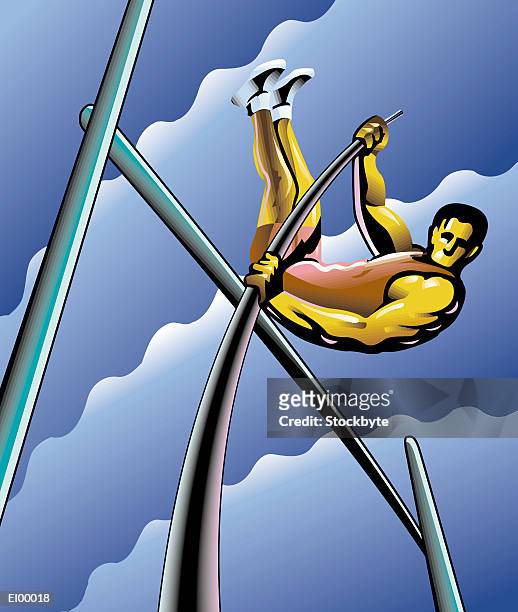 pole-vaulter clearing bar at top of jump - men's field event stock illustrations