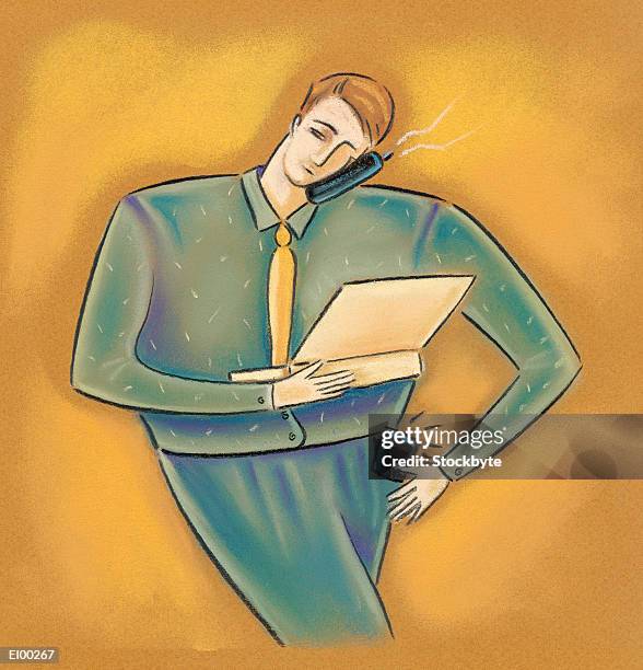 businessman on cell phone with laptop and pager - business one pager stock illustrations