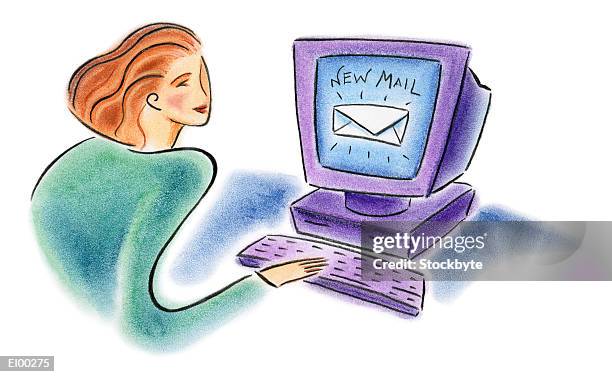 ilustrações de stock, clip art, desenhos animados e ícones de woman checking e-mail - dele e dela