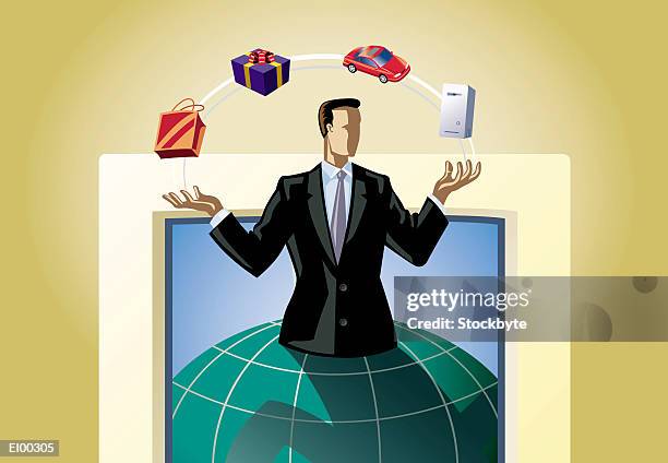 ilustrações de stock, clip art, desenhos animados e ícones de man juggling e-commerce options on computer monitor - dele e dela