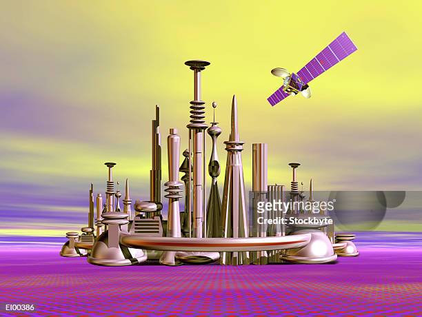 illustrations, cliparts, dessins animés et icônes de futuristic city with satellite flying above - satellite view