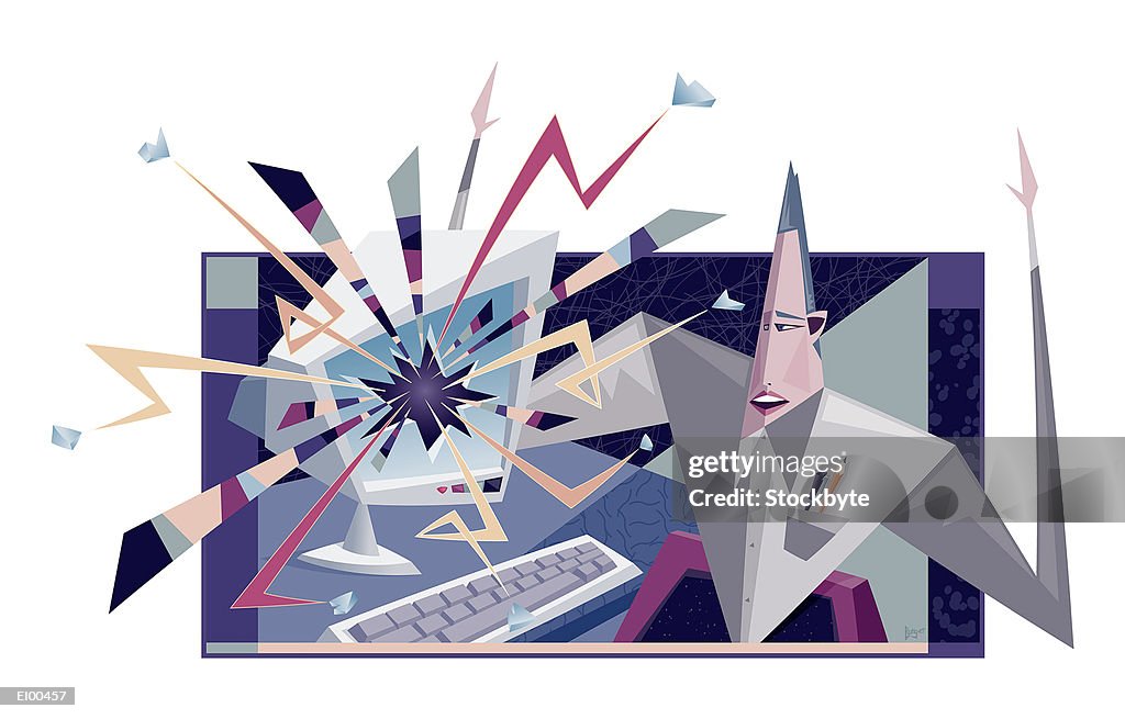Computer Monitor Exploding In Front Of Man At Desk High-Res Vector ...