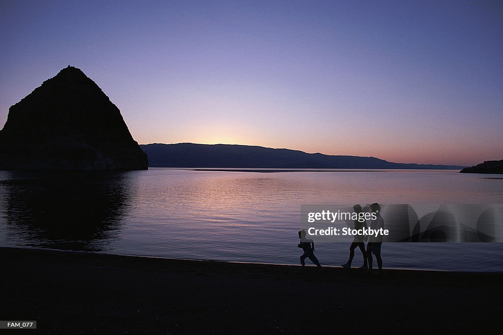 Family walking on shore at sunset