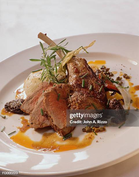 roast lamb on dinner plate, close-up - lamb of god in concert indianapolis in stockfoto's en -beelden