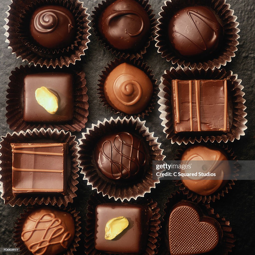 Assorted chocolates, overhead view, full frame