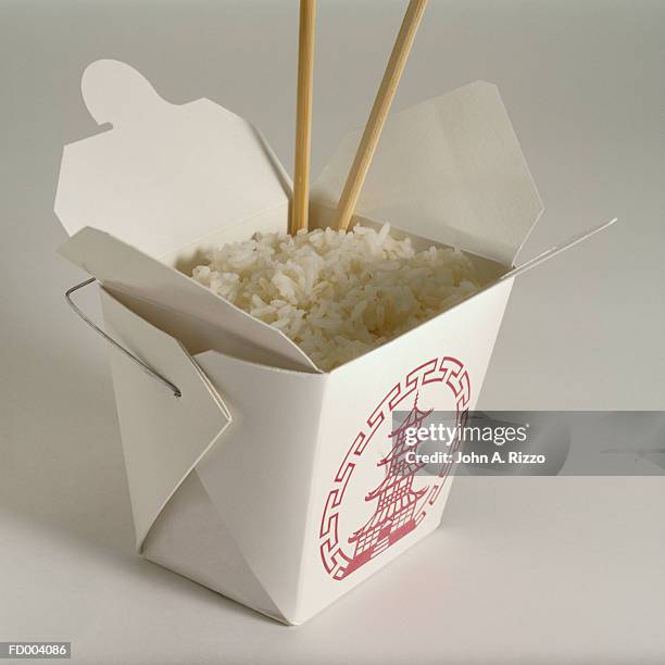 white rice in take-out box - chinese takeout white background stock pictures, royalty-free photos & images