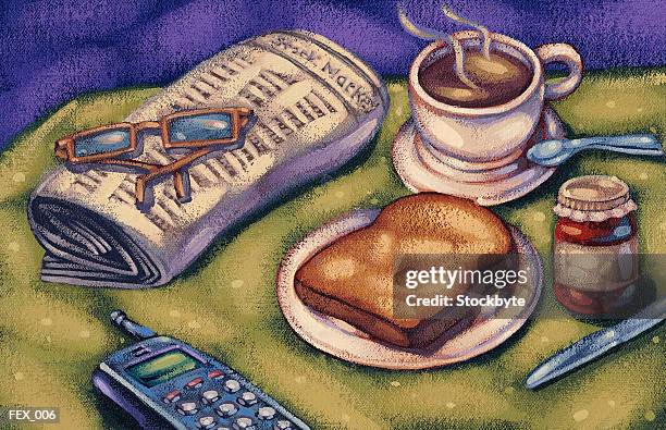 breakfast table with cellular phone, newspaper, coffee and toast - broadsheet stock illustrations