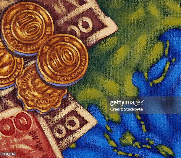 pile of paper money and coins lying on pacific rim trading region - pacific rim stock-grafiken, -clipart, -cartoons und -symbole
