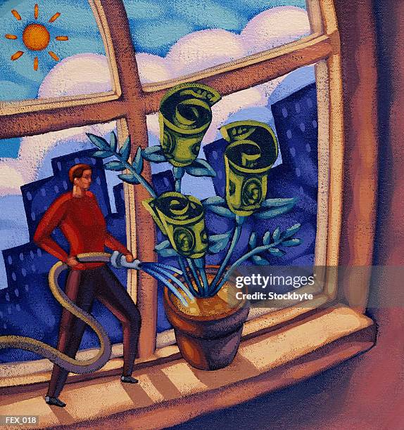 man standing on large windowsill, watering money plant - window sill stock illustrations