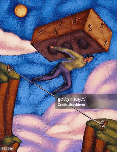 woman walking on rope strung between two cliffs, carrying a large brick with dollar signs on it - high wire walker stock illustrations