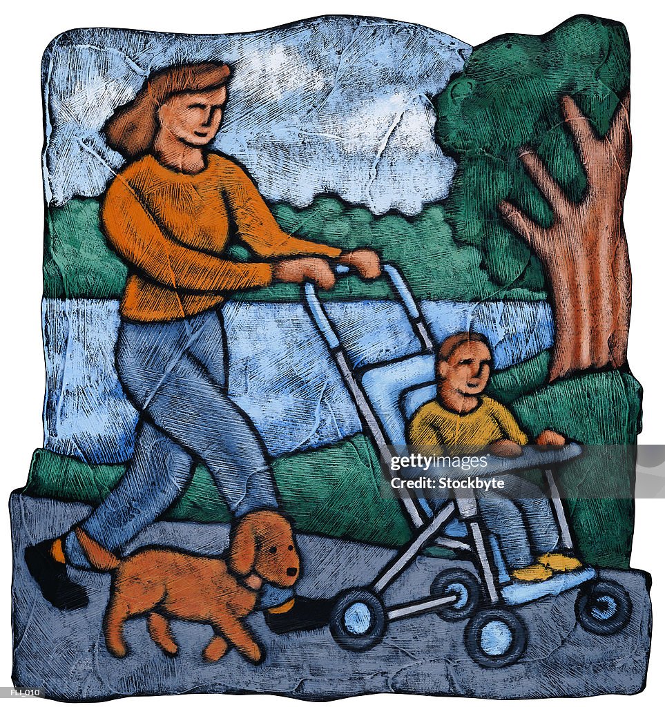 Woman pushing boy in stroller; dog walking beside them