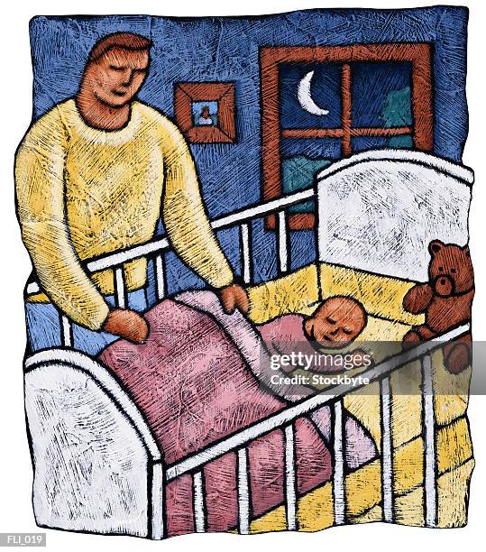 man pulling blanket over baby in crib - child asleep in bedroom at night stock illustrations