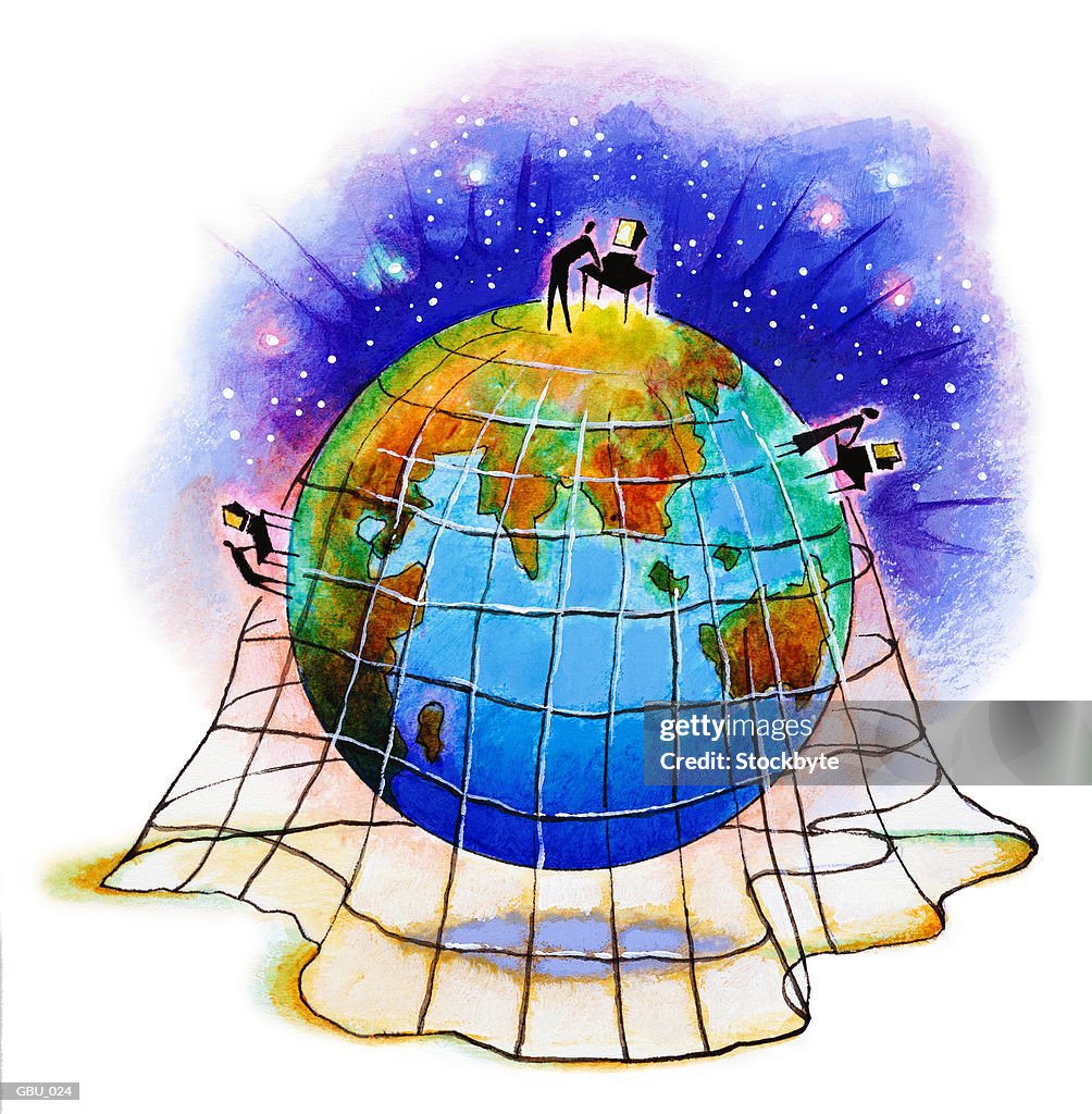 People using computers, standing on globe; globe covered by net
