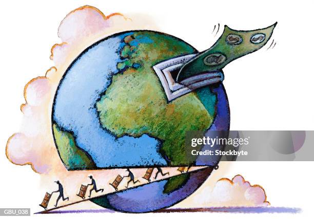 bank shaped globe, men wheeling boxes out bottom - hinge stock illustrations