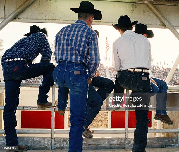 cowboys watching rodeo arena, rear view - jeans back stockfoto's en -beelden