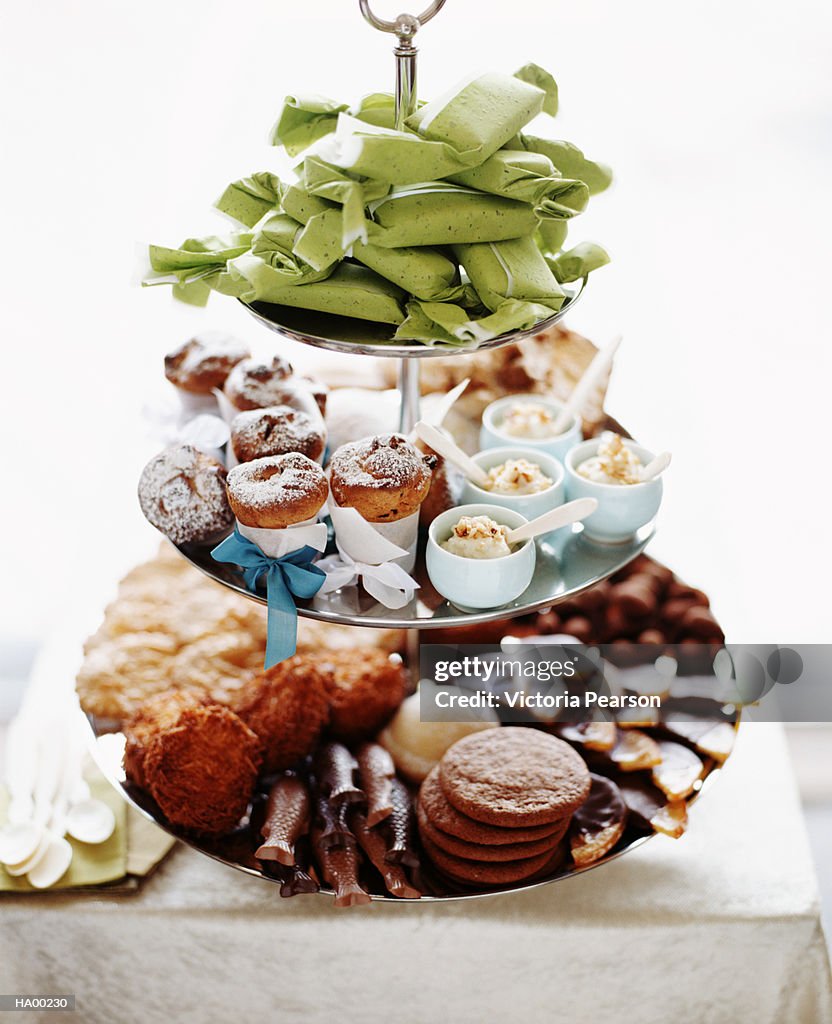 Cookies, cakes and custards on serving tray