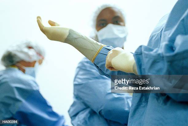 surgeon putting on gloves, surgery staff in background - surgical glove stock pictures, royalty-free photos & images