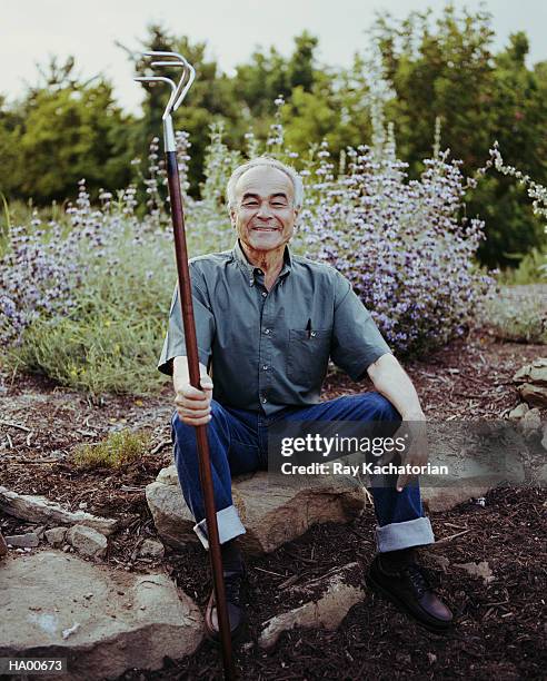 mature man sitting on rock, holding rake - rake stock-fotos und bilder